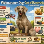 Weimaraner dog resting indoors with food bowls and toys nearby, representing daily care, supplies, and long-term ownership expenses
