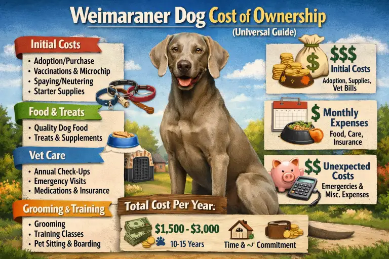 Weimaraner dog resting indoors with food bowls and toys nearby, representing daily care, supplies, and long-term ownership expenses