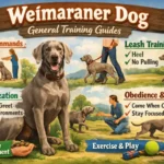 Weimaraner dog practicing obedience training with its owner, highlighting the breed’s intelligent, energetic temperament and strong focus
