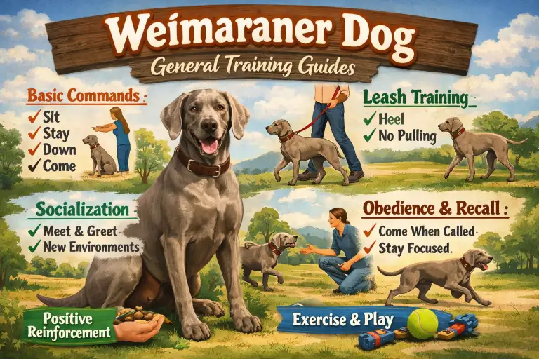 Weimaraner dog practicing obedience training with its owner, highlighting the breed’s intelligent, energetic temperament and strong focus