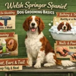 Welsh Springer Spaniel being brushed, highlighting feathered ears, wavy coat, and red-and-white coloring