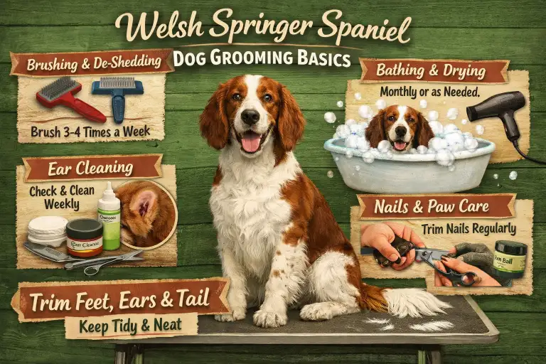 Welsh Springer Spaniel being brushed, highlighting feathered ears, wavy coat, and red-and-white coloring
