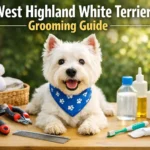 West Highland White Terrier being groomed as part of a basic coat care routine