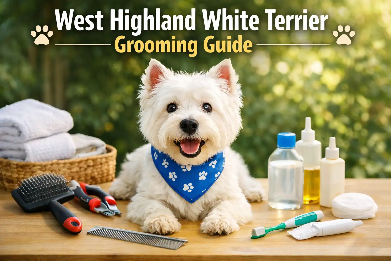 West Highland White Terrier being groomed as part of a basic coat care routine