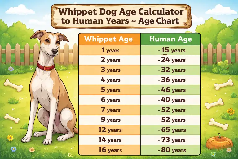Adult Whippet dog sitting calmly, representing age stages and lifespan development