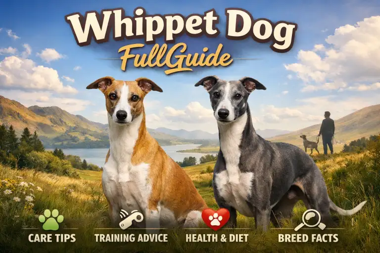 : Adult Whippet dog standing outdoors, showing its slim athletic build, deep chest, long legs, and short smooth coat