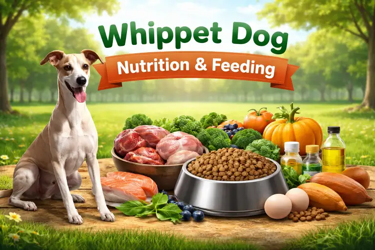 Whippet dog eating from a bowl, showing its lean body type and healthy condition