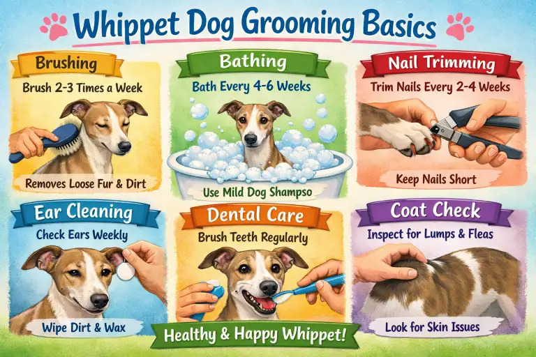Whippet dog with a short sleek coat being gently brushed during routine grooming