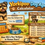 Yorkipoo age chart showing puppy, adult, and senior life stages in human years