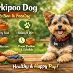 Small Yorkipoo eating from a bowl with feeding chart and portion guidance for Yorkipoo nutrition