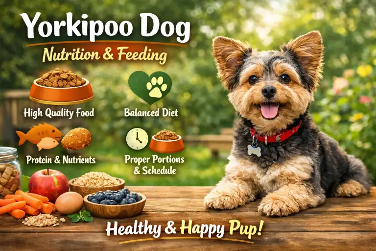 Small Yorkipoo eating from a bowl with feeding chart and portion guidance for Yorkipoo nutrition