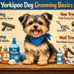 Yorkipoo grooming showing coat brushing, bathing, and haircut care for a curly low-shedding Yorkiepoo coat