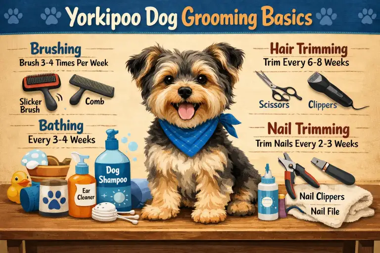 Yorkipoo grooming showing coat brushing, bathing, and haircut care for a curly low-shedding Yorkiepoo coat