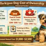 Yorkipoo at home with food, grooming tools, and supplies showing typical ownership costs