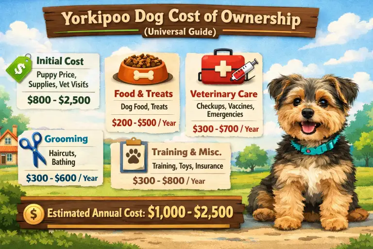 Yorkipoo at home with food, grooming tools, and supplies showing typical ownership costs