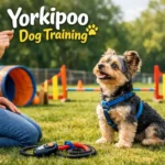 Yorkipoo dog learning basic obedience training indoors with a calm owner using positive reinforcemen