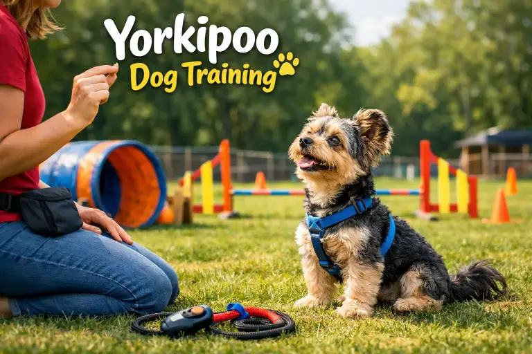 Yorkipoo dog learning basic obedience training indoors with a calm owner using positive reinforcemen