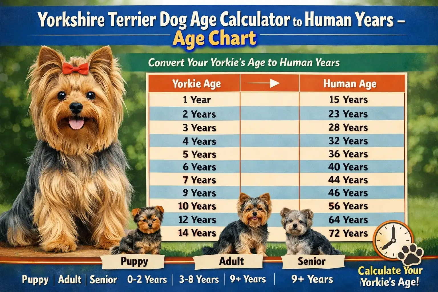 Yorkie age chart in human years showing Yorkshire Terrier dog years, human age equivalents, life stages, and senior age guidance