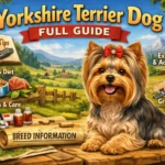 Yorkshire Terrier dog with long silky blue and tan coat standing alert