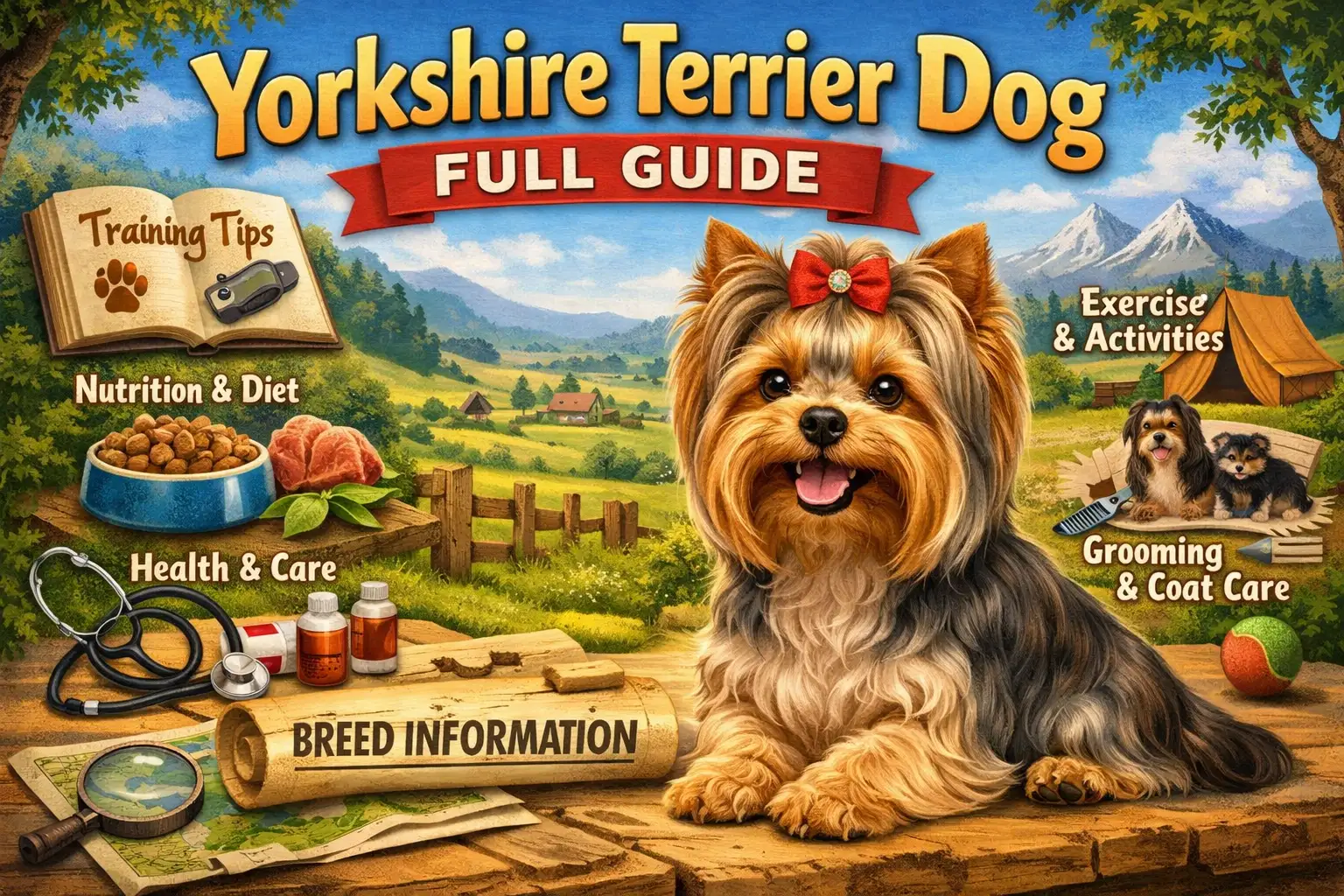 Yorkshire Terrier dog with long silky blue and tan coat standing alert
