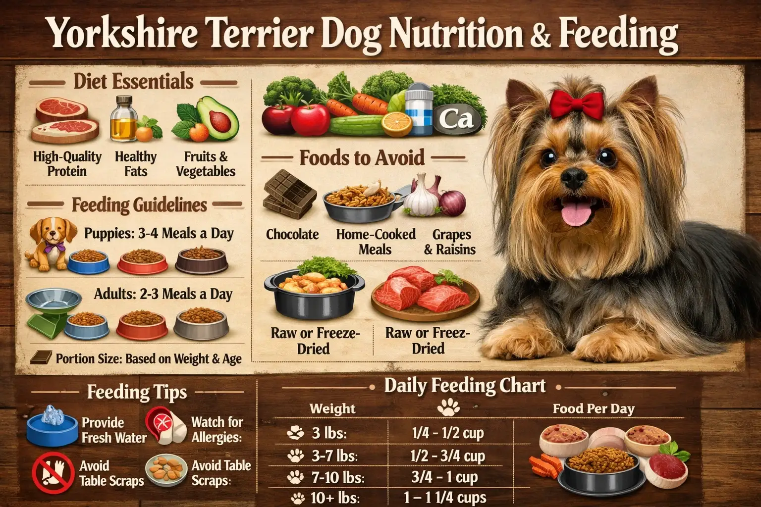 Yorkshire Terrier feeding guide showing a healthy small Yorkie with balanced food portions and nutrition tips