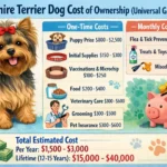 Yorkshire Terrier sitting indoors for a guide about Yorkie purchase price, monthly expenses, grooming costs, vet bills, and lifetime ownership costs