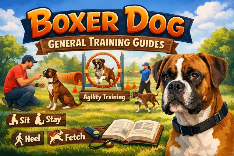 Adult Boxer dog focused during training, showing alert posture, muscular build, short coat, and attentive expression.