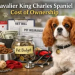 Cavalier King Charles Spaniel beside pet supplies, vet bills, food, and budget items showing the cost of ownership