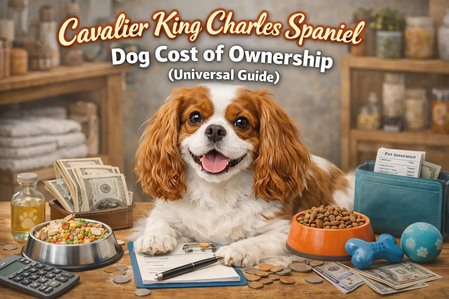 Cavalier King Charles Spaniel eating from a bowl with feeding chart guidance for daily food amounts, calories, and meal schedule