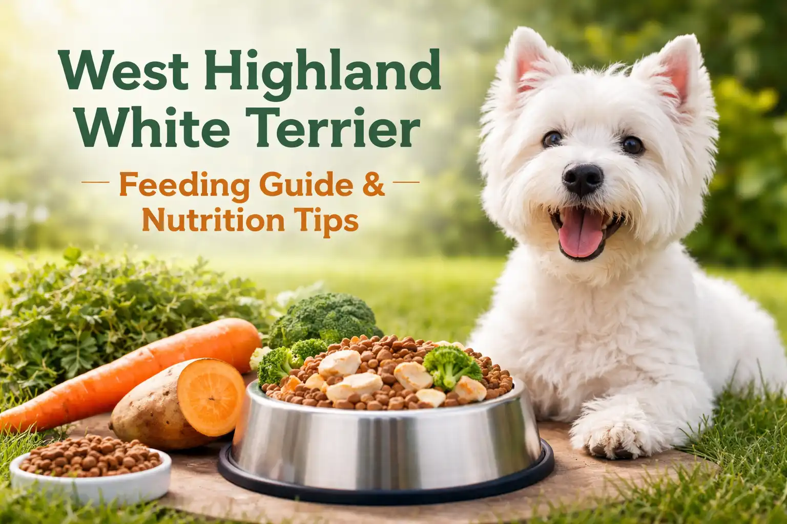 West Highland White Terrier dog sitting beside a food bowl, showing breed-specific feeding, diet, and nutrition guidance