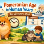 Pomeranian age chart in human years showing puppy, adult, and senior age stages