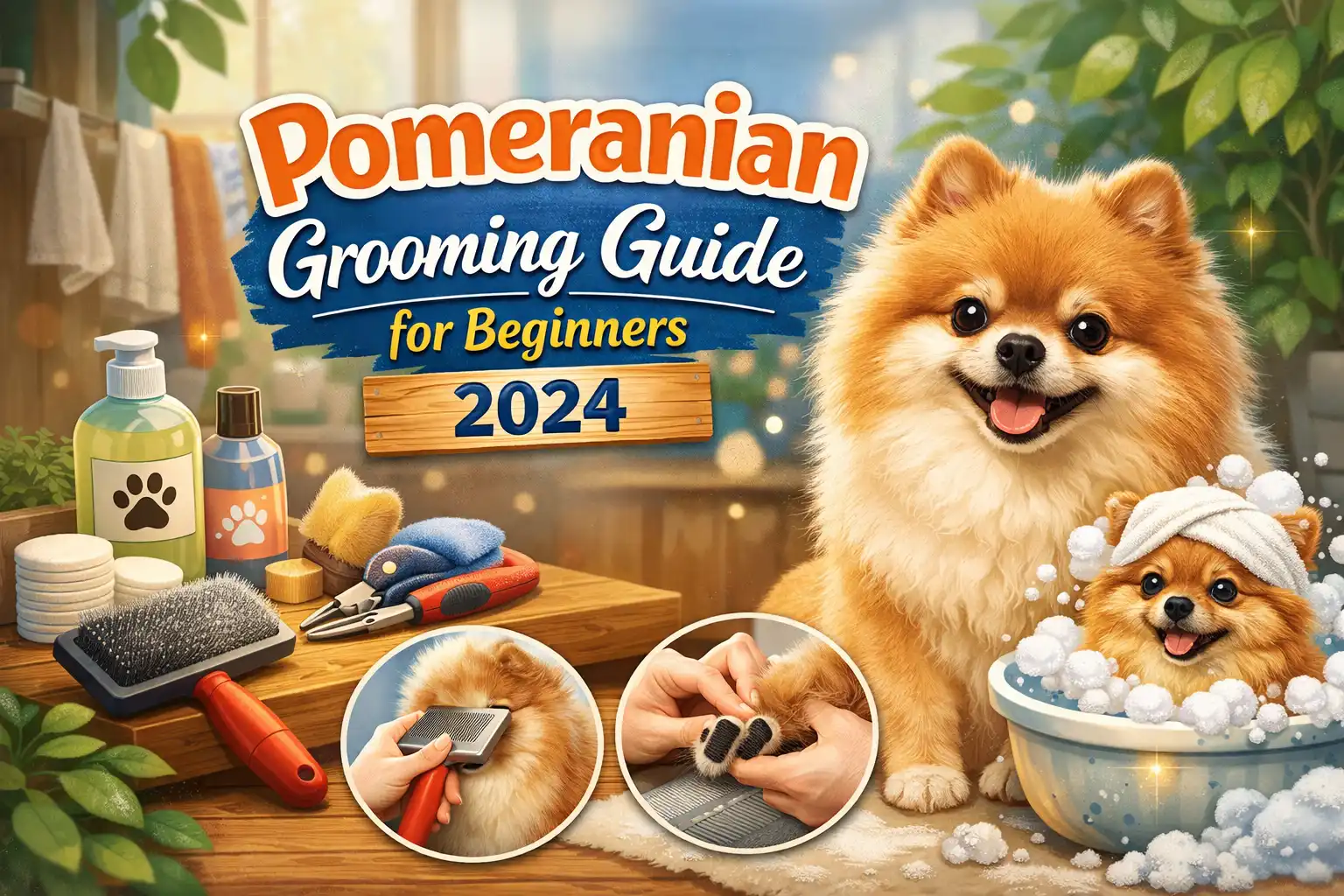 Pomeranian dog grooming at home with a fluffy Pomeranian being brushed beside basic grooming tools