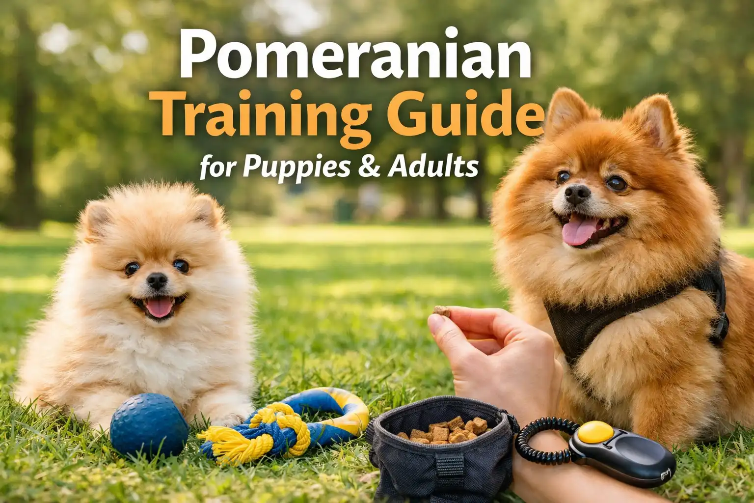 Pomeranian learning basic obedience training with treats during an outdoor training session