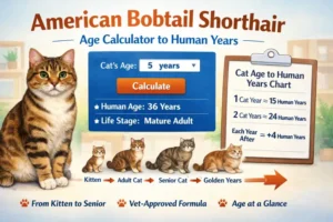 Cat age calculator illustration showing cats at different ages matched to human age equivalents in a clear age chart