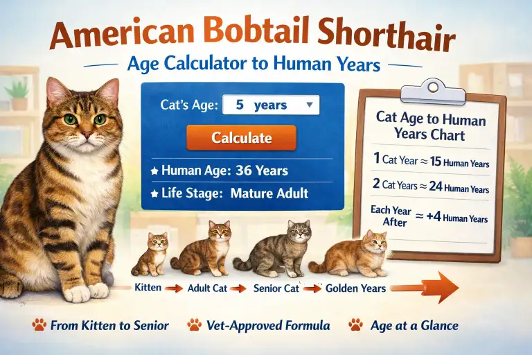 Cat age calculator illustration showing cats at different ages matched to human age equivalents in a clear age chart