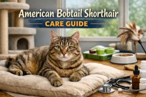 Indoor cat care setup showing a calm adult cat with food and water bowls, a clean litter box, toys, and grooming tools in a home environment