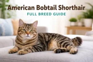 American Bobtail Shorthair adult cat with a short tail, muscular build, and tabby coat sitting indoors in a family home
