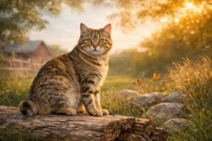 American Bobtail Shorthair cat with a short bobbed tail sitting outdoors, showing the breed’s sturdy build, alert expression, and calm, confident temperament