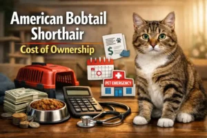 Landscape infographic showing an adult American Bobtail Shorthair cat with a short coat sitting indoors, surrounded by icons for food, litter, vet care, grooming, and emergency costs, with visual indicators for monthly, annual, and lifetime expenses