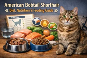 American Bobtail diet guide image showing an adult American Bobtail cat with a short coat sitting beside wet and dry cat food in a home setting