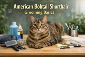 American Bobtail Shorthair cat with a short bobbed tail sitting on a grooming table surrounded by basic cat grooming tools