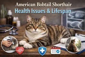 An adult American Bobtail Shorthair cat with a short bobtail and tabby coat sitting on a couch in a bright living room, alert and relaxed, showing signs of good health.