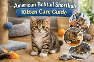 American Bobtail Shorthair kitten sitting indoors with toys and scratching post, showing short coat, bobbed tail, and curious expression in a home care setting
