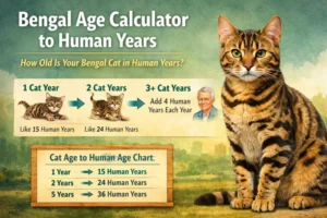 Bengal age calculator to human years showing a Bengal cat beside a simple cat age to human age chart