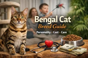 Bengal cat with a spotted coat and athletic build sitting indoors, showing the breed’s wild appearance and alert expression
