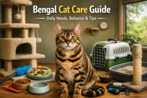 Bengal cat care shown with an active adult Bengal cat indoors, featuring toys, scratching posts, and a clean living space.