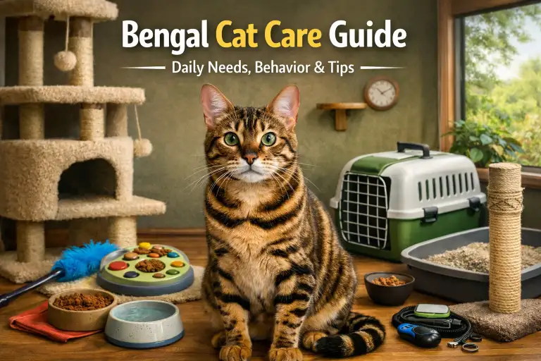 Bengal cat care shown with an active adult Bengal cat indoors, featuring toys, scratching posts, and a clean living space.