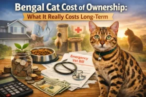 Bengal cat cost of ownership illustrated with an adult Bengal cat beside common expenses like food, vet bills, and care supplies