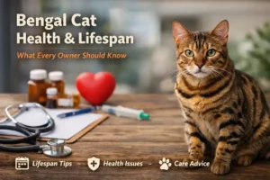 Adult Bengal cat sitting on a table with a stethoscope, medical bottles, and a clipboard nearby, representing cat health and preventive care