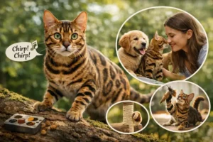 A Bengal cat with a spotted coat climbs on a log outdoors, alert and curious, with bright green eyes focused ahead.
